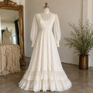 Vintage 1960s White Lace Wedding Dress Sheer Sleeve Bridal Gown Boho Moxi